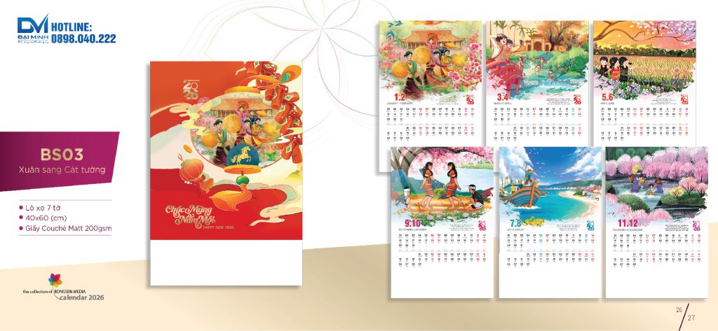 Lịch treo tường phôi sẵn 2026 - BS03 - Xuân sang cát tường