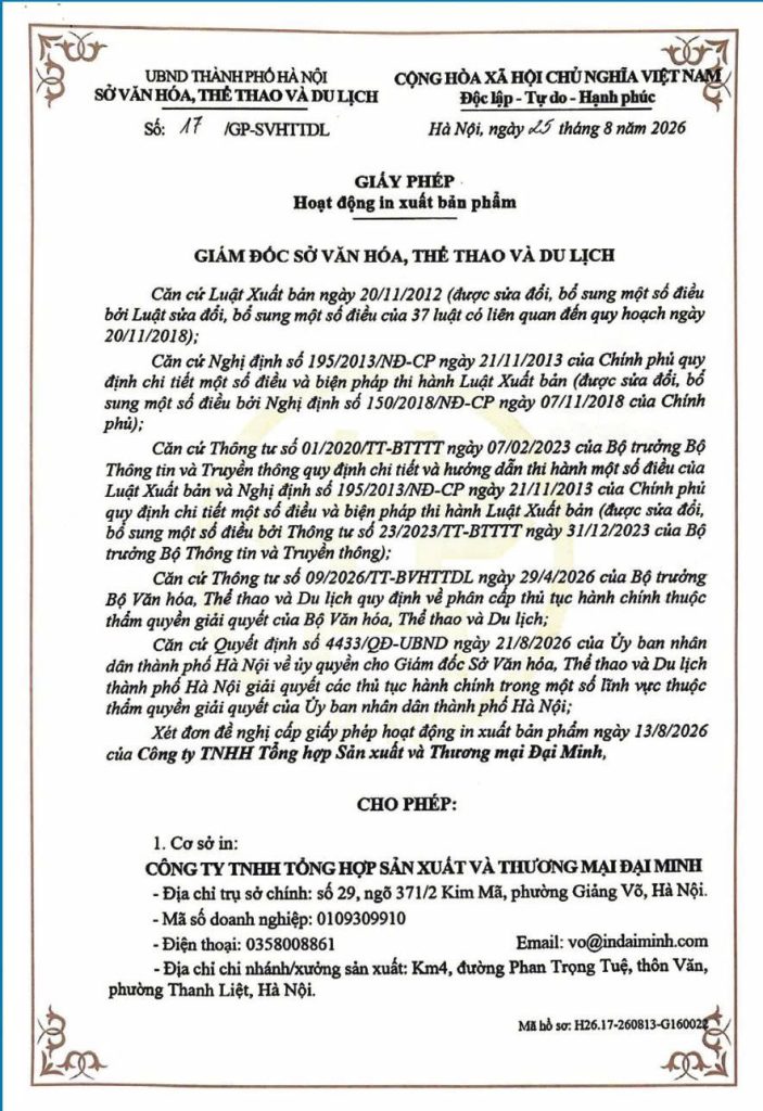 Giấy phép in xuất bản phẩm - In Đại Minh