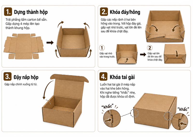 Các bước gấp hộp carton nắp gài siêu tốc